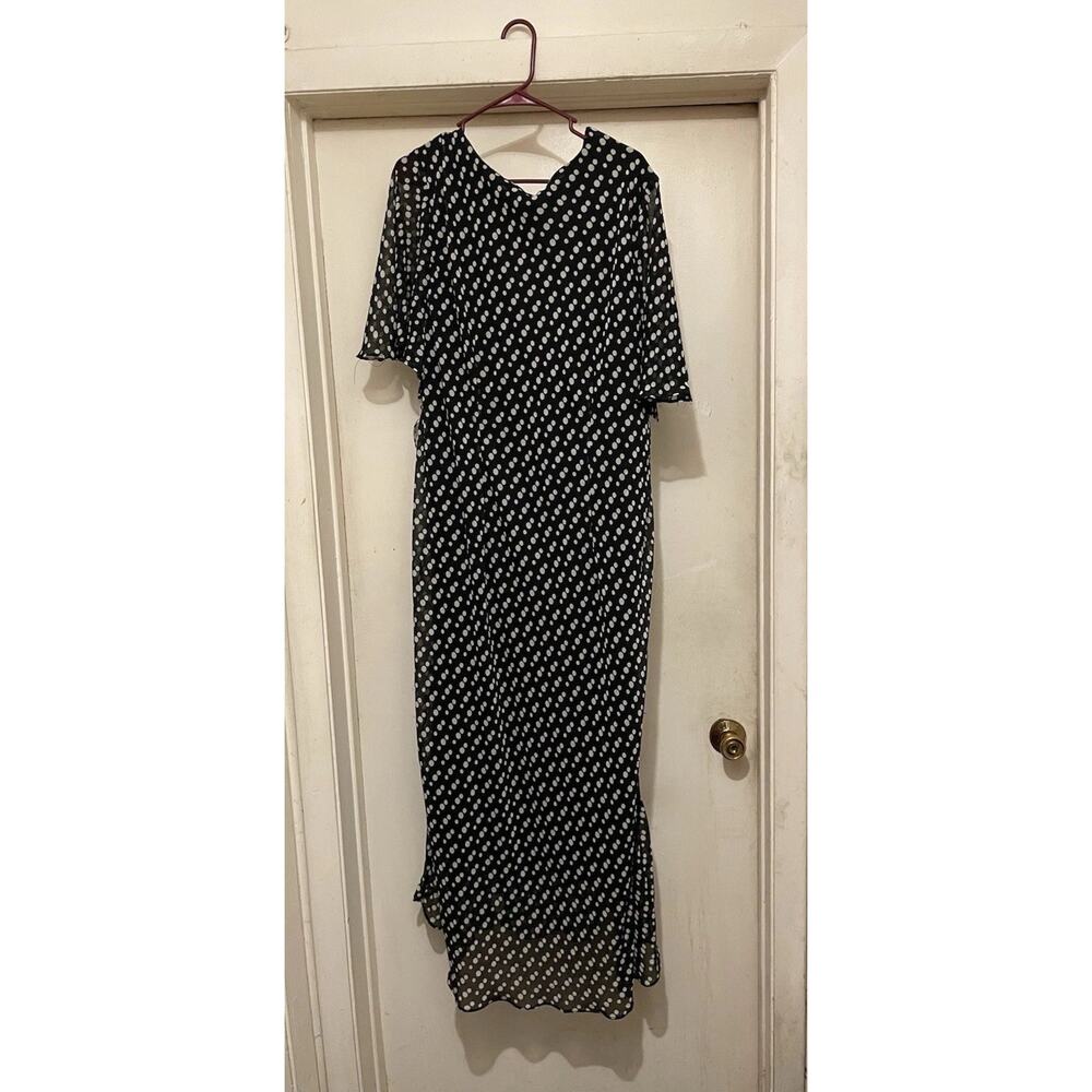 Women’s Black & White Polka Dot Midi Sheer Overlay Faux Wrap Dress Size 24W - Picture 2 of 3
